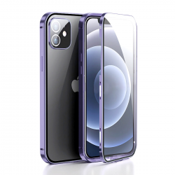 CS-PC-IP-00013PL Metal Case with Front and Back Tempered Glass Protector for iPhone 15 - Purple