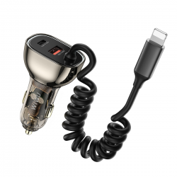  WiWU Geek 90W PD+QC Kirsite Multi-Port Fast Car Charger with Lightning Cable - Translucent Black