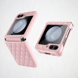 CS-HM-SS-F06 43G01 Rhomboid Leather Case with Camera Lens Protector for Samsung Galaxy Z Flip 5 5G - Pink