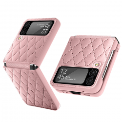 CS-HM-SS-F06 42G01 Rhomboid Leather Case with Camera Lens Protector for Samsung Galaxy Z Flip 4 5G - Pink