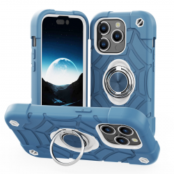  PC Case with Soft Sillicone Skin and Double Ring For iPhone 15 Pro Max - Blue and White