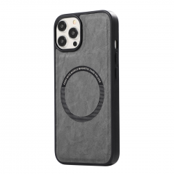  TPU Case with Leather and Wireless Charging for iPhone 15 Pro  - Gray