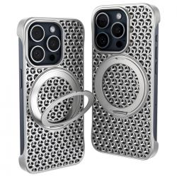  Magnetic PC Case with Metal Paint and Ring for iPhone 15 Pro Max - Silver