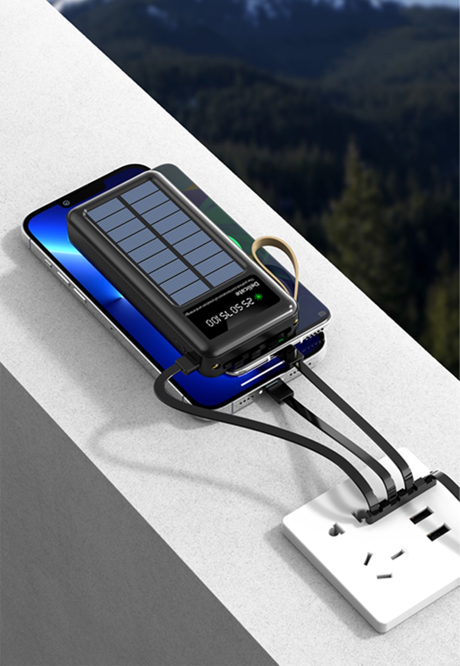 New Solar Sharing with Four Cables
Enjoy the convenience of charging multiple devices with our solar power bank.
Supports Solar Charging
Equipped with an upgraded solar panel for automatic charging in the sunlight.
Power from the Sunlight
Never worry about running out of power when you