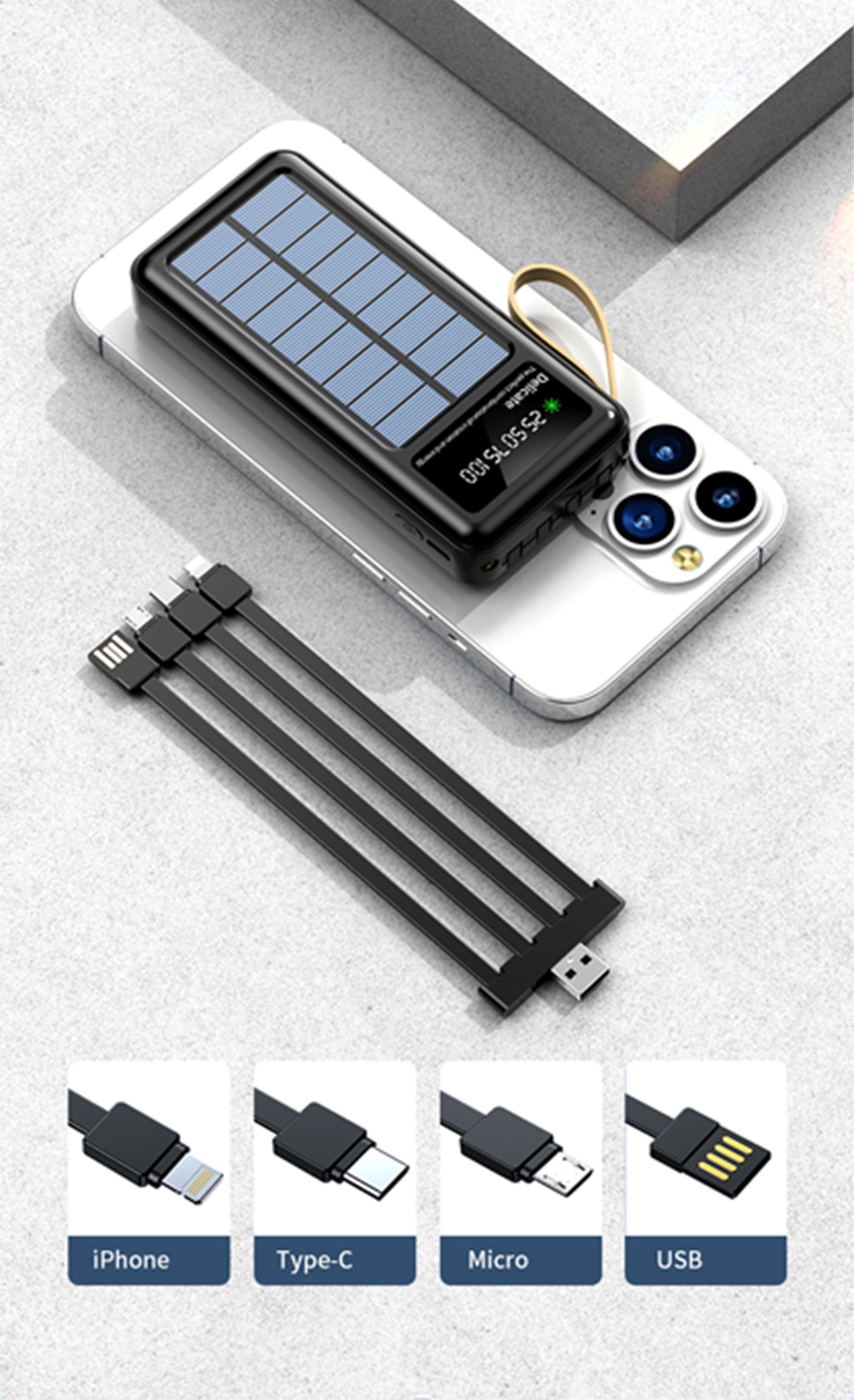 New Solar Sharing with Four Cables
Enjoy the convenience of charging multiple devices with our solar power bank.
Supports Solar Charging
Equipped with an upgraded solar panel for automatic charging in the sunlight.
Power from the Sunlight
Never worry about running out of power when you