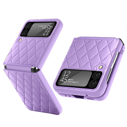  Rhomboid Leather Case with Camera Lens Protector for Samsung Galaxy Z Flip 4 5G - Purple