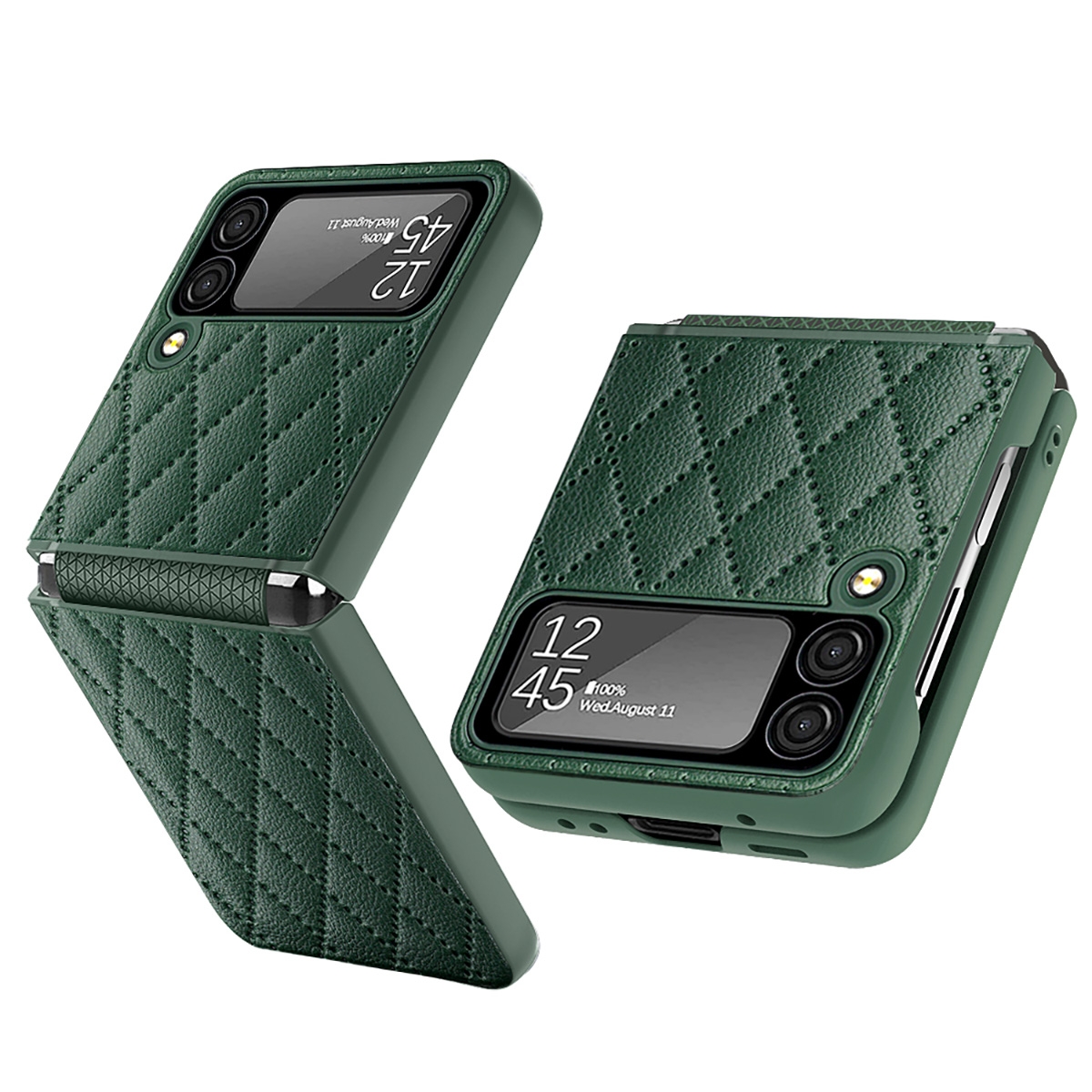 Rhomboid Leather Case with Camera Lens Protector for Samsung Galaxy Z Flip 4 5G - Green