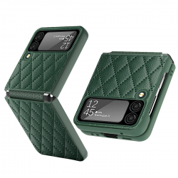  Rhomboid Leather Case with Camera Lens Protector for Samsung Galaxy Z Flip 4 5G - Green