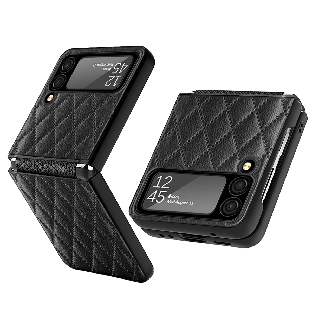 Rhomboid Leather Case with Camera Lens Protector for Samsung Galaxy Z Flip 4 5G - Black