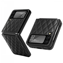  Rhomboid Leather Case with Camera Lens Protector for Samsung Galaxy Z Flip 4 5G - Black
