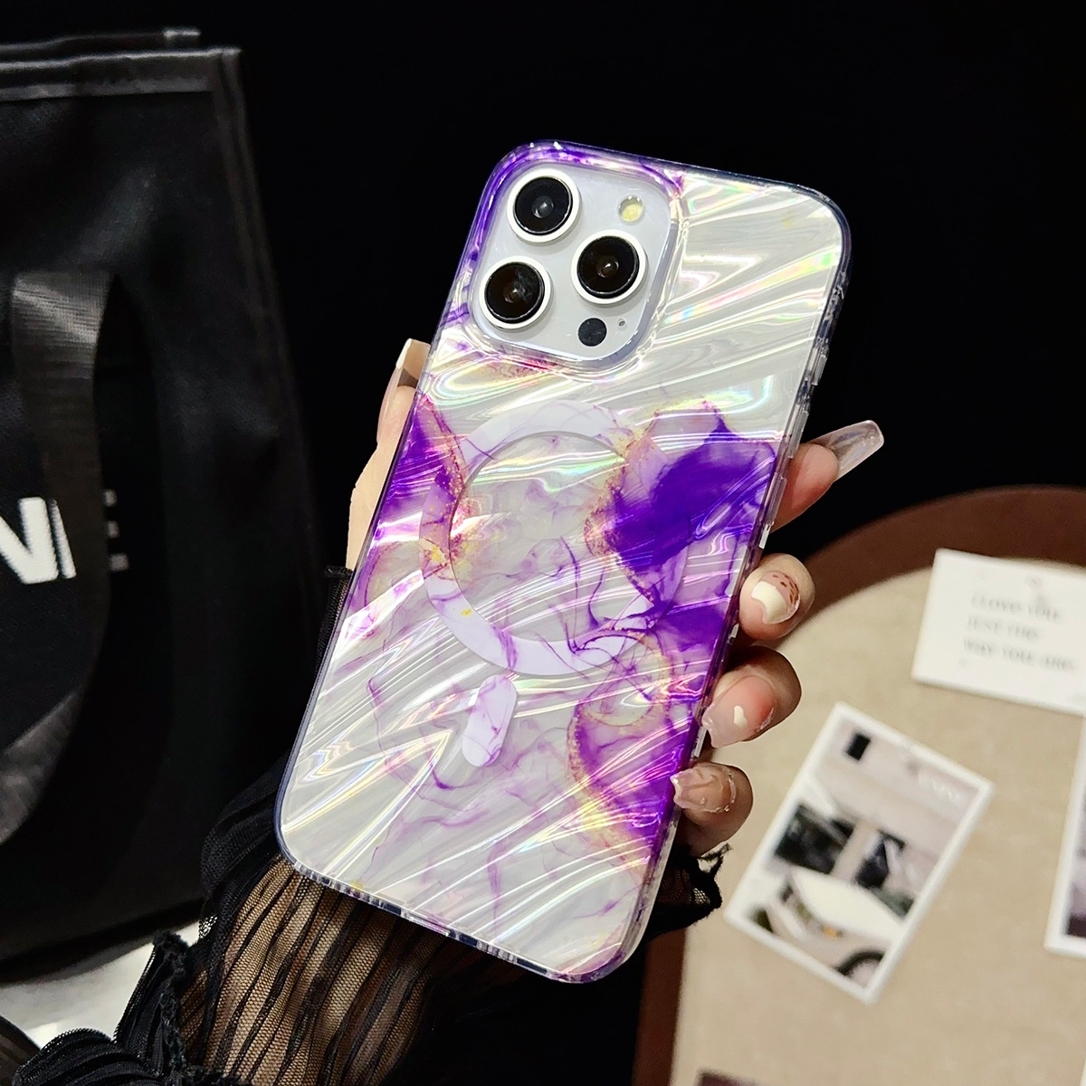 Enhanced Magnetic IMD Case with Glazed Marble Fold Pattern for iPhone 15 - Purple