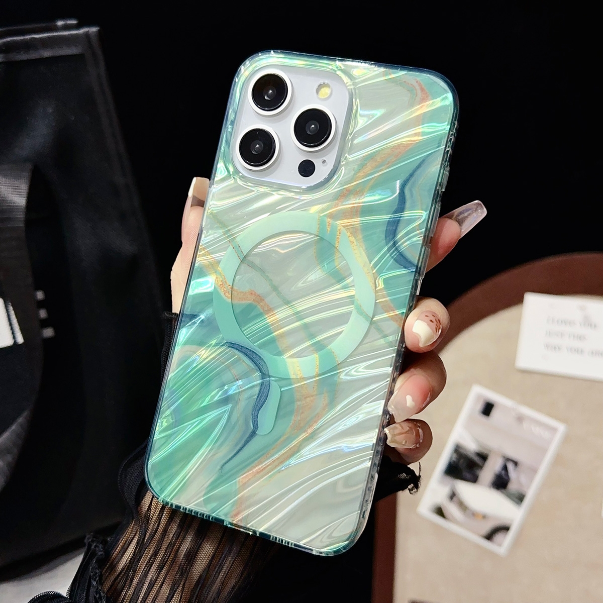 Enhanced Magnetic IMD Case with Glazed Marble Fold Pattern for iPhone 15 - Green