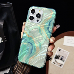  Enhanced Magnetic IMD Case with Glazed Marble Fold Pattern for iPhone 15 - Green