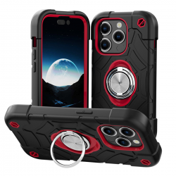  PC Case with Soft Sillicone Skin and Double Ring For iPhone 15 Pro Max - Black and Red