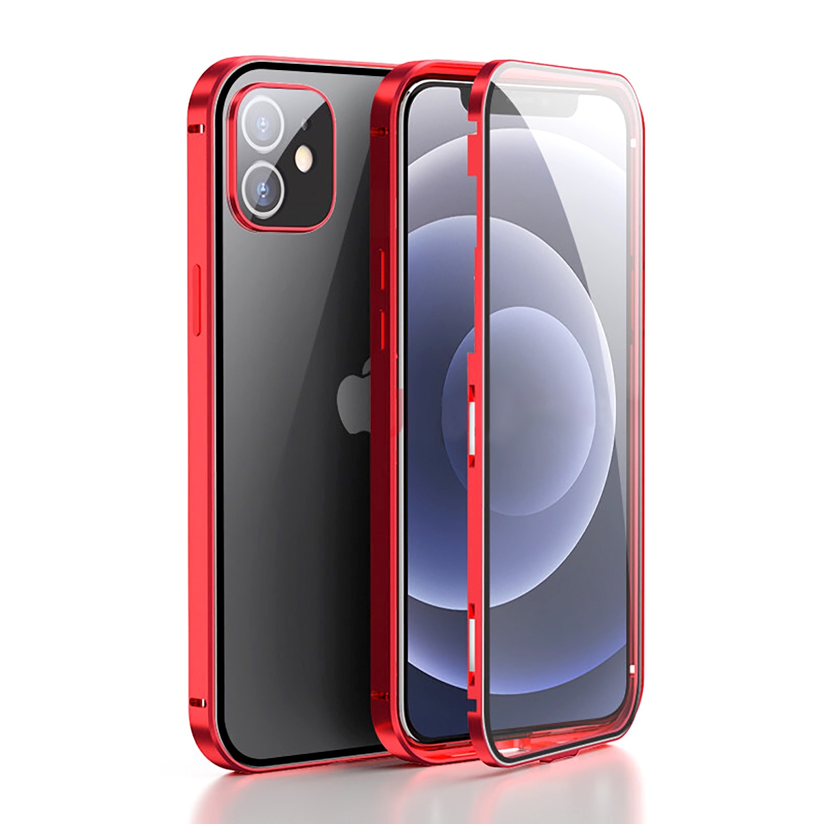 Metal Case with Front and Back Tempered Glass Protector for iPhone 15 - Red