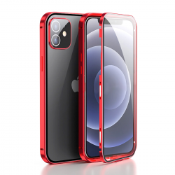  Metal Case with Front and Back Tempered Glass Protector for iPhone 15 - Red