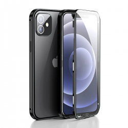  Metal Case with Front and Back Tempered Glass Protector for iPhone 15 - Black