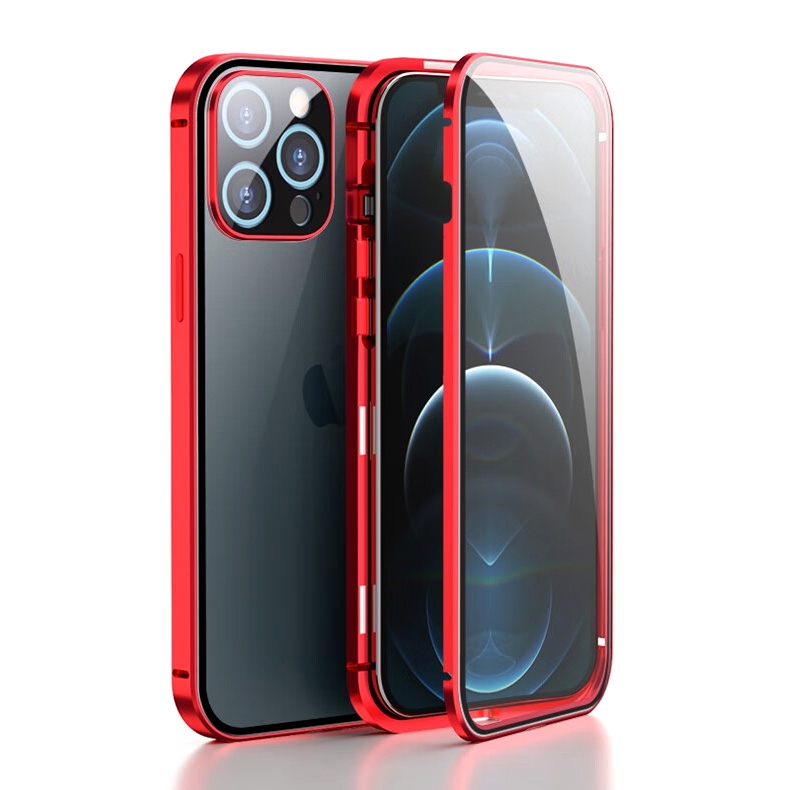 Metal Case with Front and Back Tempered Glass Protector for iPhone 14 Pro Max - Red