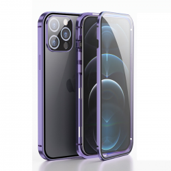  Metal Case with Front and Back Tempered Glass Protector for iPhone 14 Pro Max - Purple