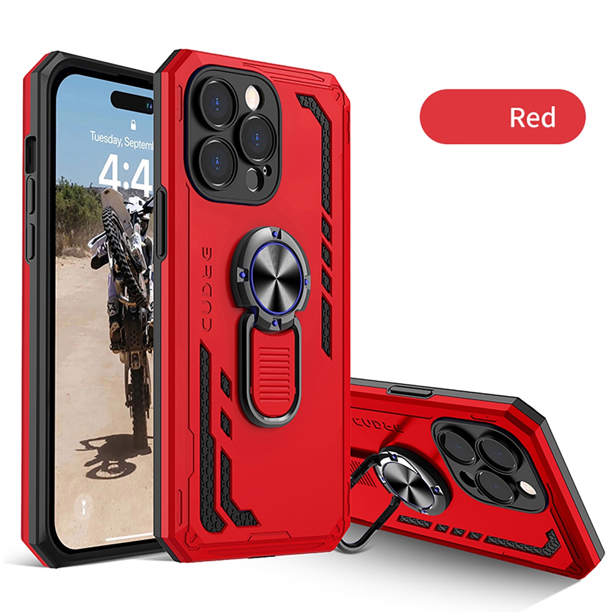 2 in 1 Protect Case with Metal Ring for iPhone 15 Pro Max - Red