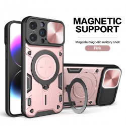   2 in 1 Protect Case with Slide Camera Cover & Ring Kickstand for iPhone 15 Pro - Rose Gold