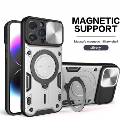   2 in 1 Protect Case with Slide Camera Cover & Ring Kickstand for iPhone 15 Pro - Silver