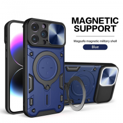   2 in 1 Protect Case with Slide Camera Cover & Ring Kickstand for iPhone 15 Pro - Blue