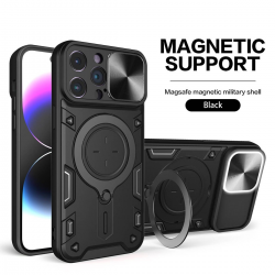   2 in 1 Protect Case with Slide Camera Cover & Ring Kickstand for iPhone 15 Pro Max - Black