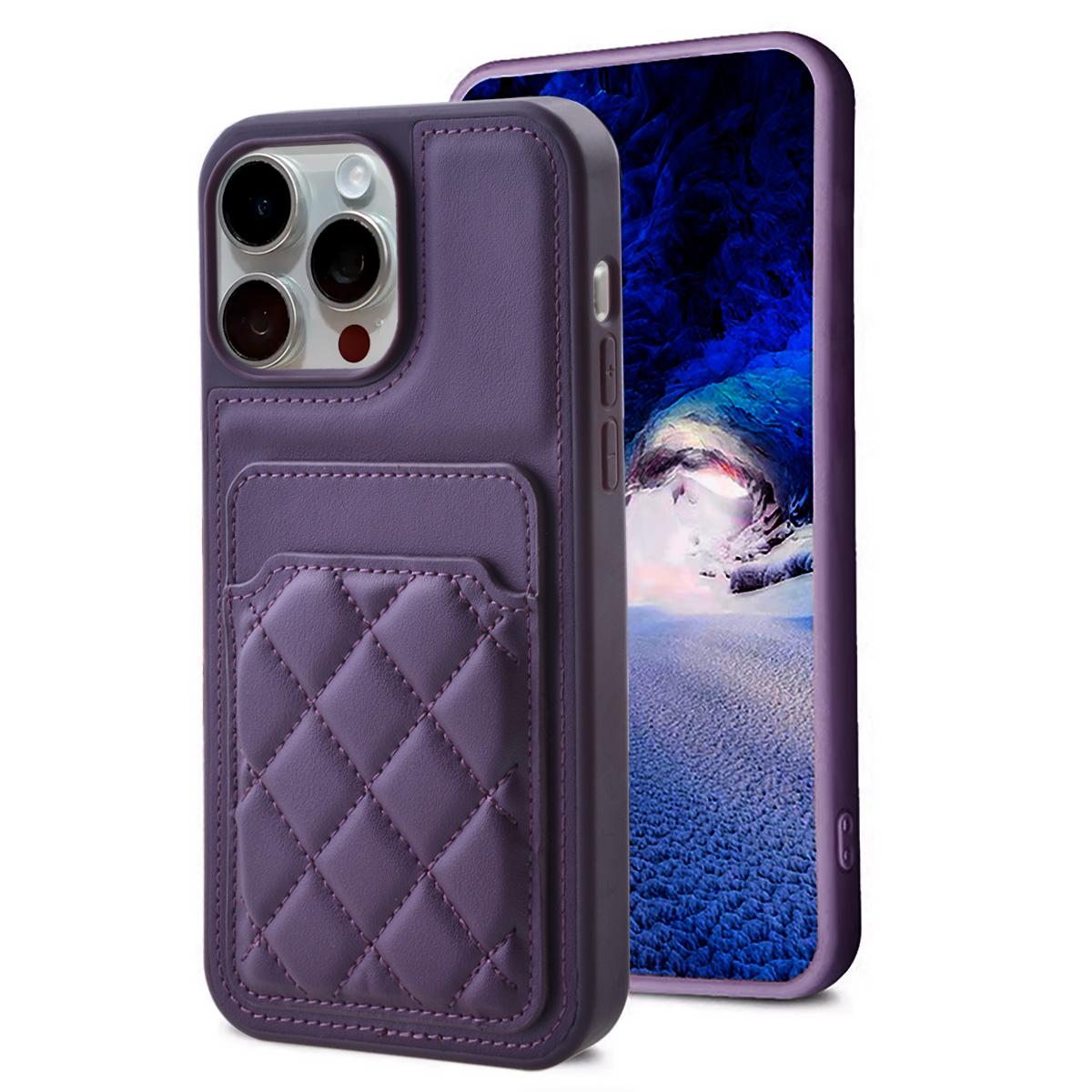 TPU Case with Leather and Card Holder for iPhone 15 Pro Max - Purple