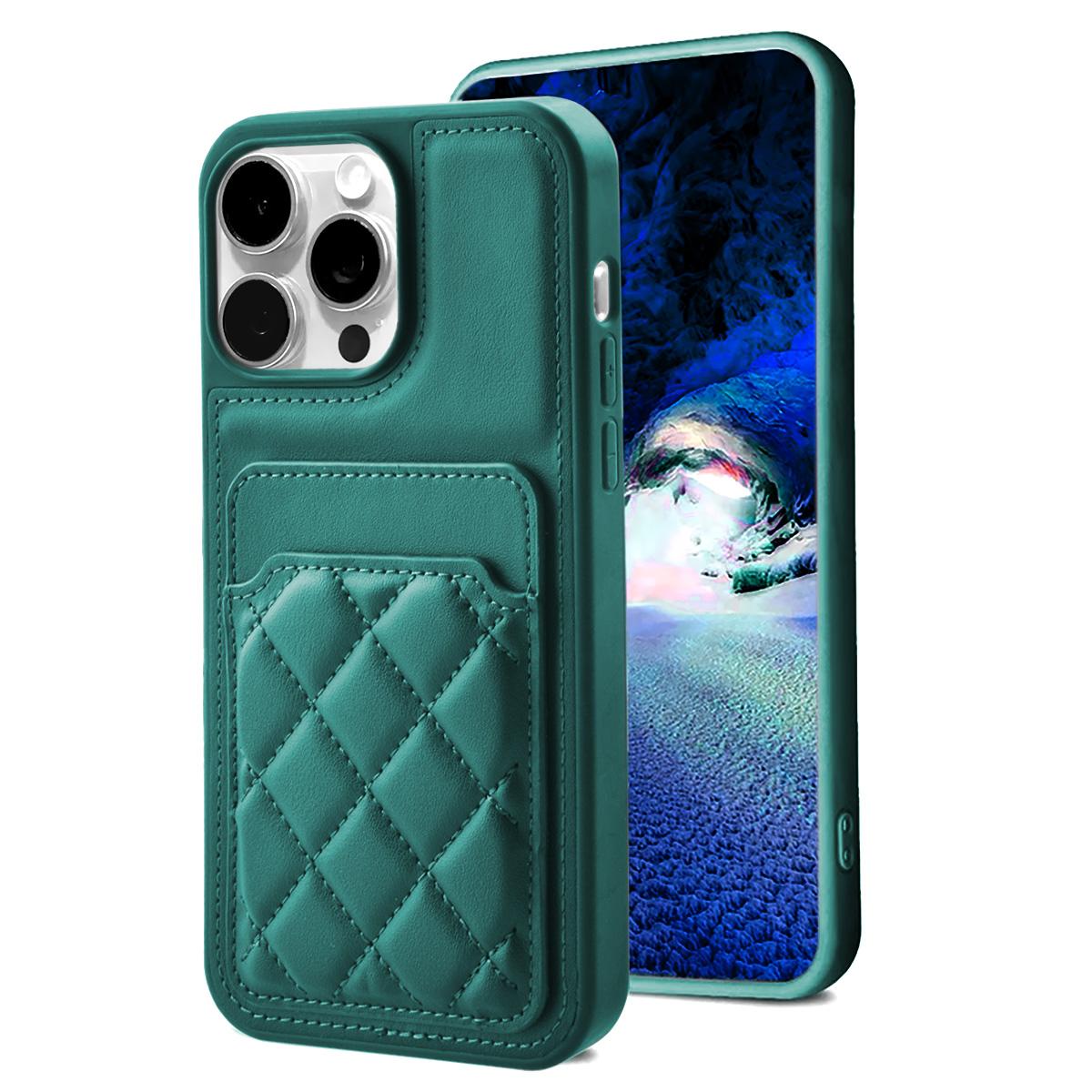 TPU Case with Leather and Card Holder for iPhone 15 Pro Max - Green