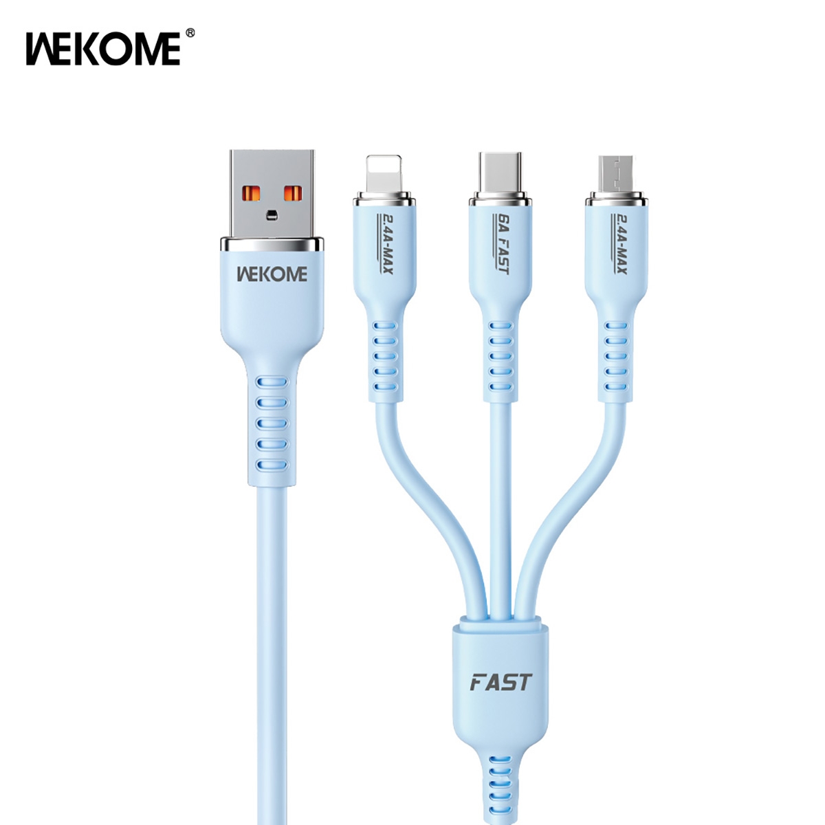 WEKOME Real Silicon 3-in-1 Super Fast Charging Data Cable (66W) - Light Blue