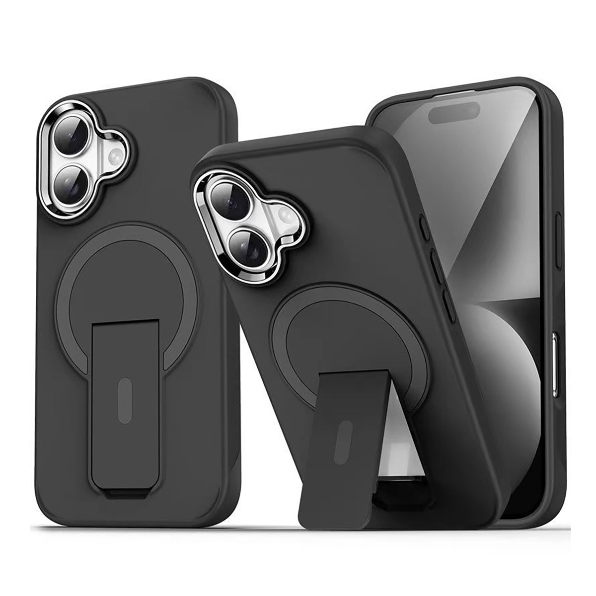TPU and PC Case with Magnetic and Phone Stand for iPhone 16 - Black