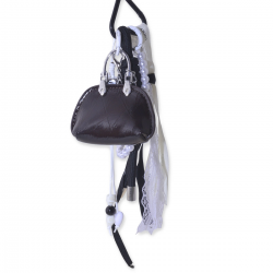  Black Leather Bag Charm with Lace, Pearl & Bow Mini Keychain