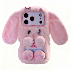 iPhone 17 Pro Max Pink Rabbit Case, Plush Long-Eared Bunny Cover with Silicone Interior