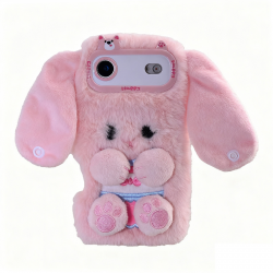 iPhone 17 Air Pink Rabbit Case, Plush Long-Eared Bunny Cover with Silicone Interior