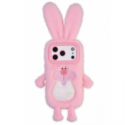 iPhone 17 pro Plush Rabbit Case Pink, Bucktooth Bunny Cover with Plush Exterior