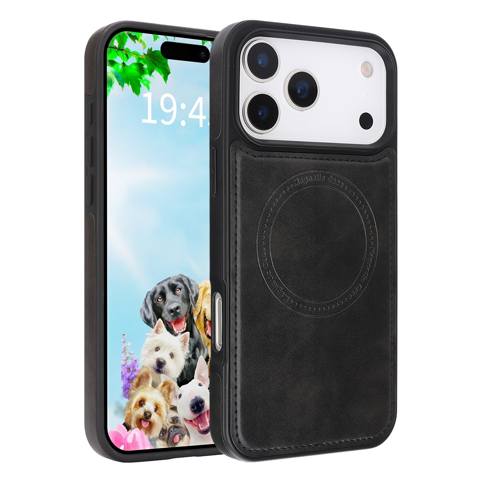 iPhone 17 Pro Magnetic Case Black, Vegan Leather Shockproof Cover