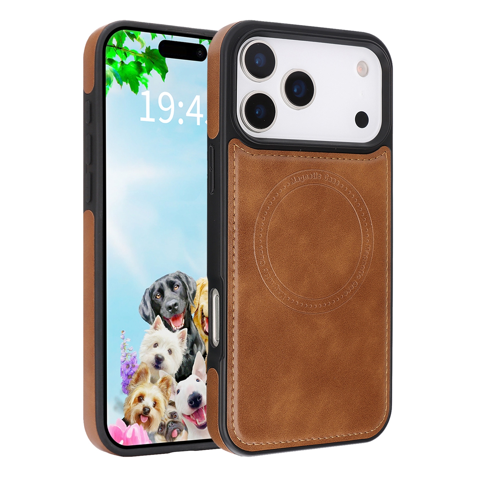 iPhone 17 Pro Magnetic Case Brown Vegan Leather Shockproof Cover