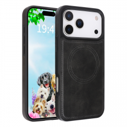 iPhone 17 Pro Max Magnetic Case Black Vegan Leather Shockproof Cover