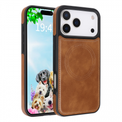 iPhone 17 Pro Max Magnetic Case Brown Vegan Leather Shockproof Cover