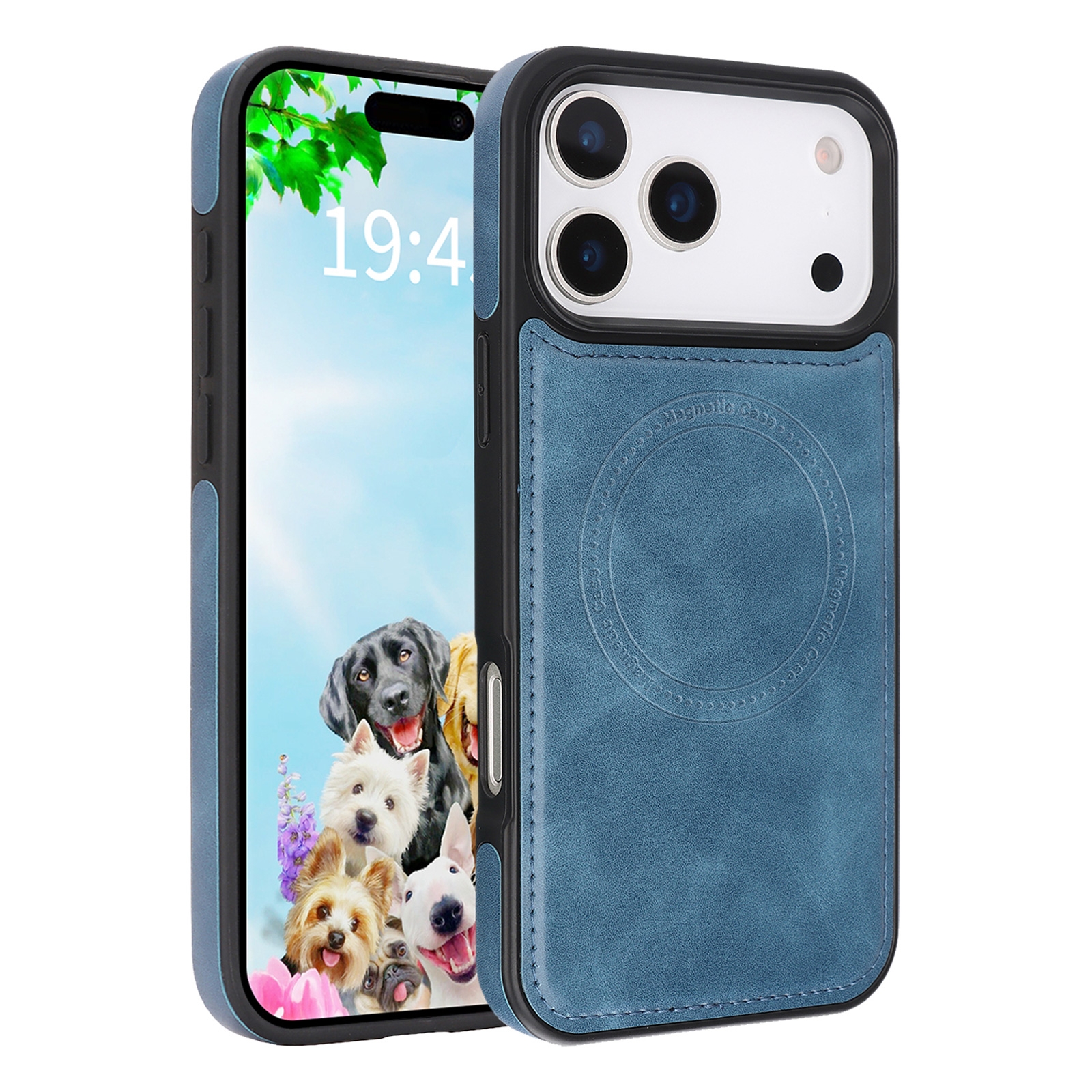 iPhone 17 Pro Max Magnetic Case Blue Vegan Leather Shockproof Cover