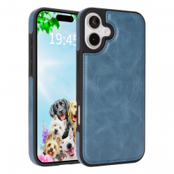 iPhone 17 Magnetic Case Blue Vegan Leather Shockproof Cover