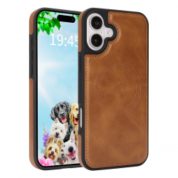 iPhone 17 Magnetic Case Brown Vegan Leather Shockproof Cover