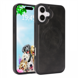 iPhone 17 Magnetic Case Black Vegan Leather Shockproof Cover