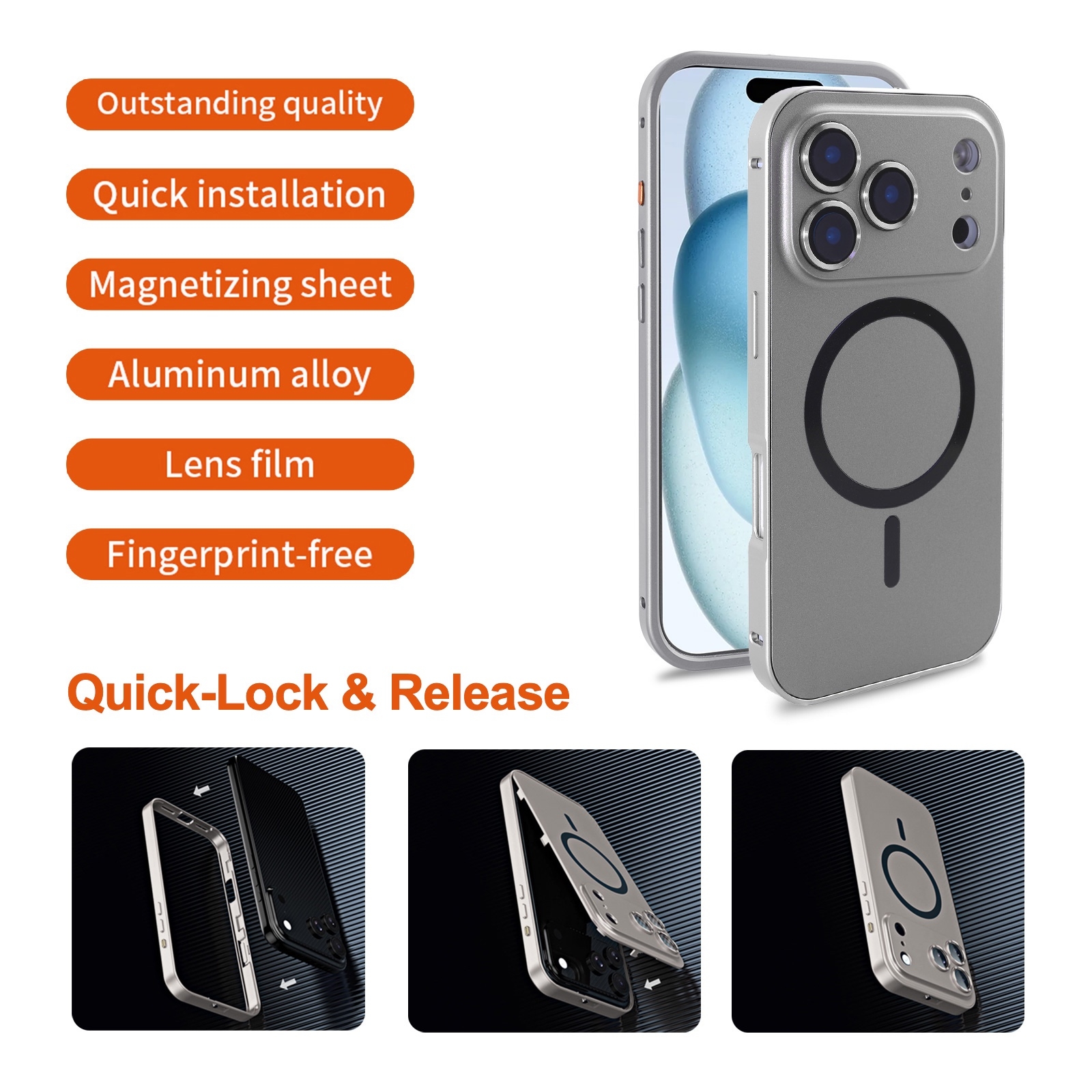MagSafe Aluminum iPhone 17 Pro Max Case Silver Lens Protection