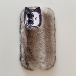  Black Plush Silicone Leopard Cat Ear Phone Case for iPhone 17 – Soft Furry Cute Protective Cover