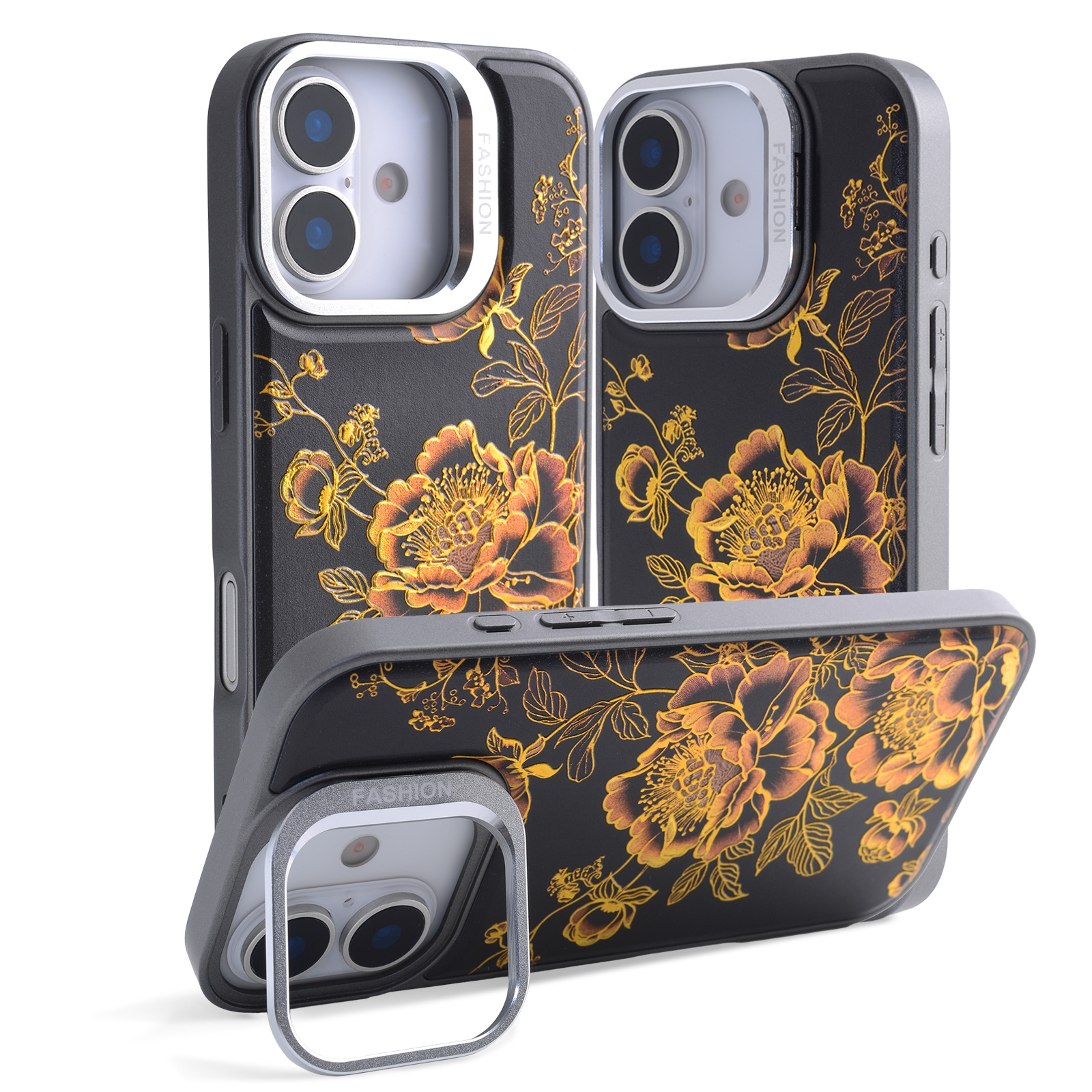 iPhone17 Black Background Gilded Peony Magnetic Case, Gold