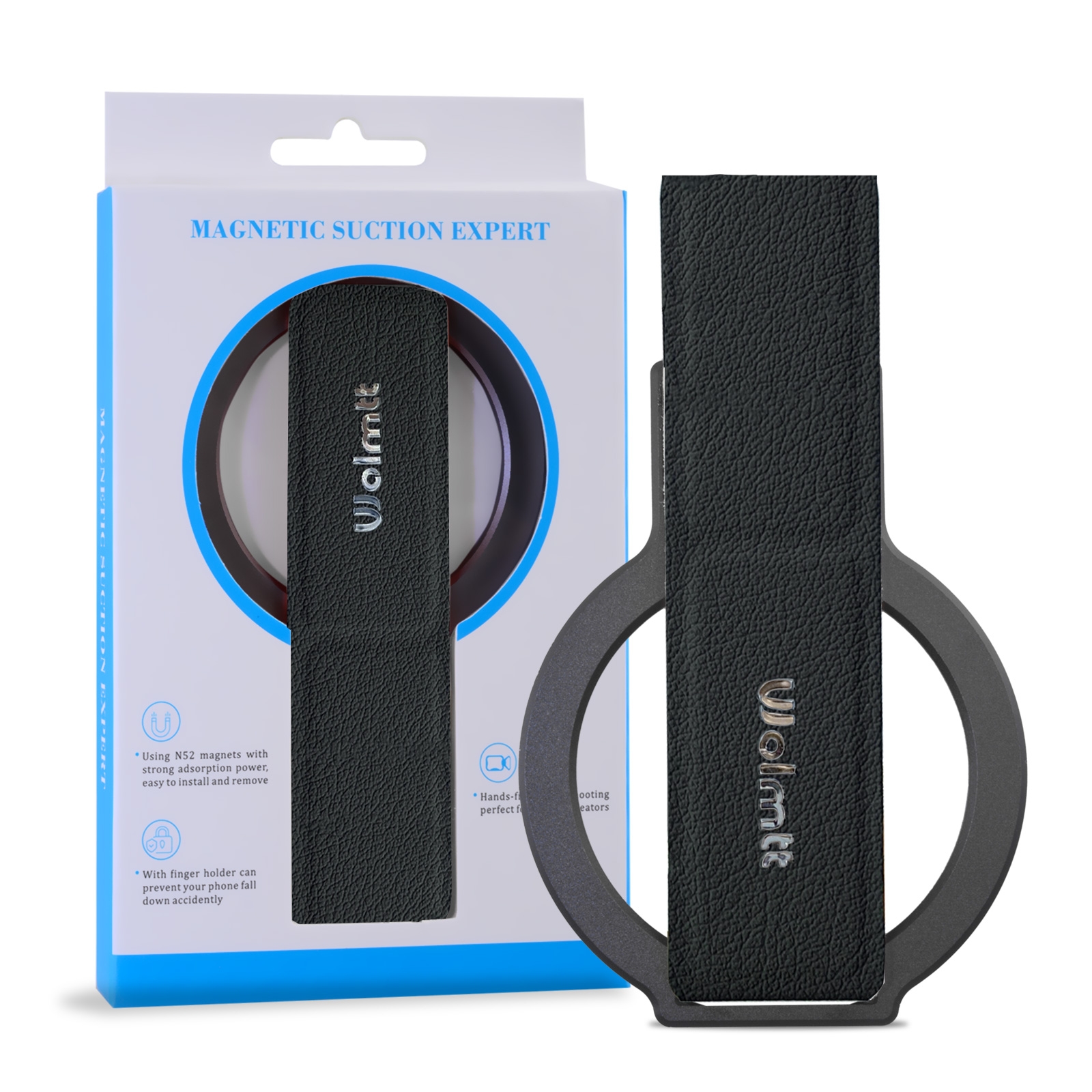 Magnetic Foldable Phone Stand with Finger Holder, Black - Black