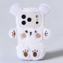 White Plush Silicone Bear Phone Case for iPhone 17 Pro – Soft Furry Cute Protective Cover cute bear phone case for iPhone 17 Pro