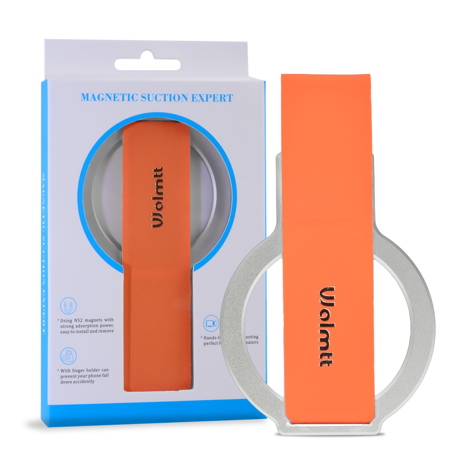 Magnetic Foldable Phone Stand with Finger Holder, Orange - Silver